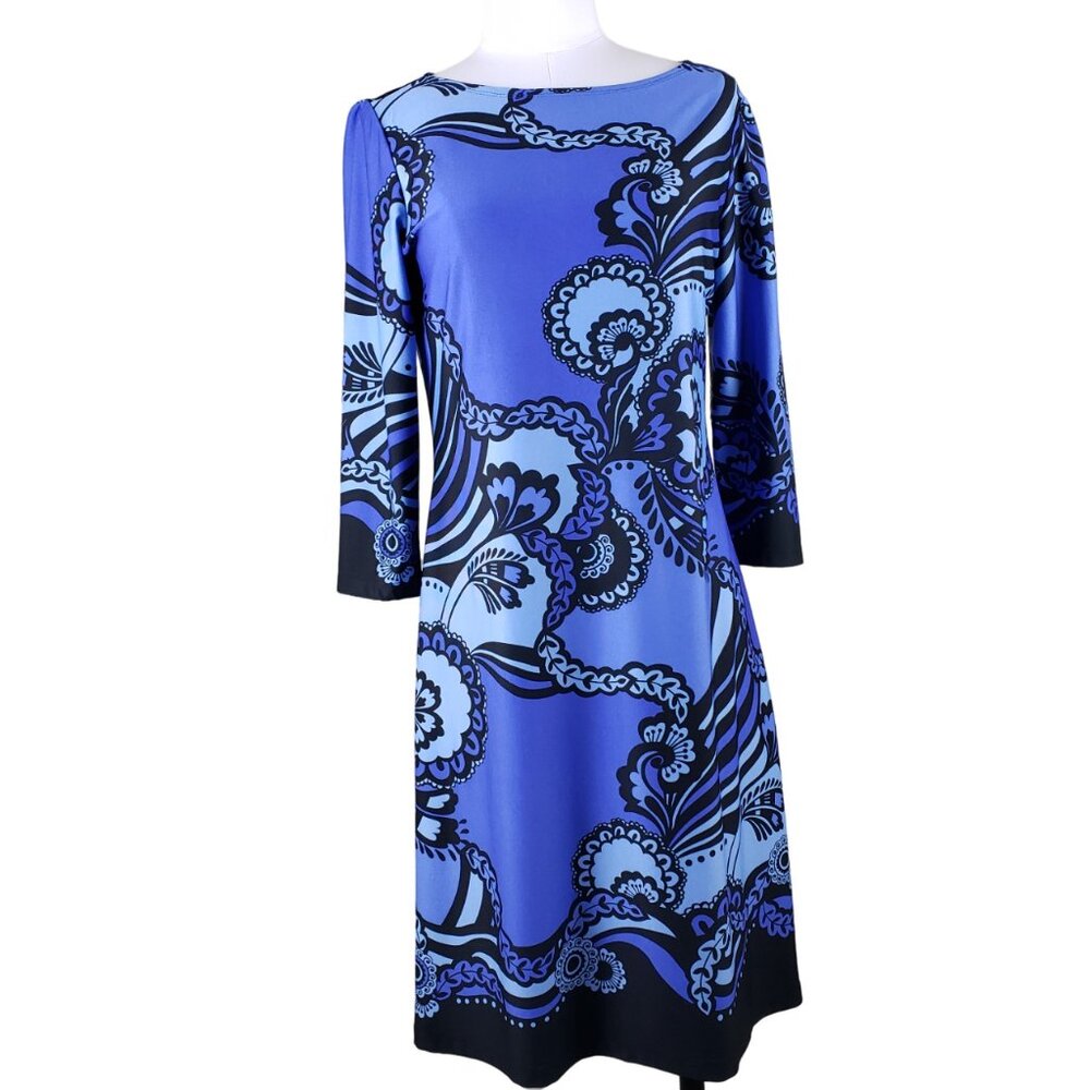 Blue Black Graphic Design Sheath Non-Wrinkle Dress for Career Travel 8